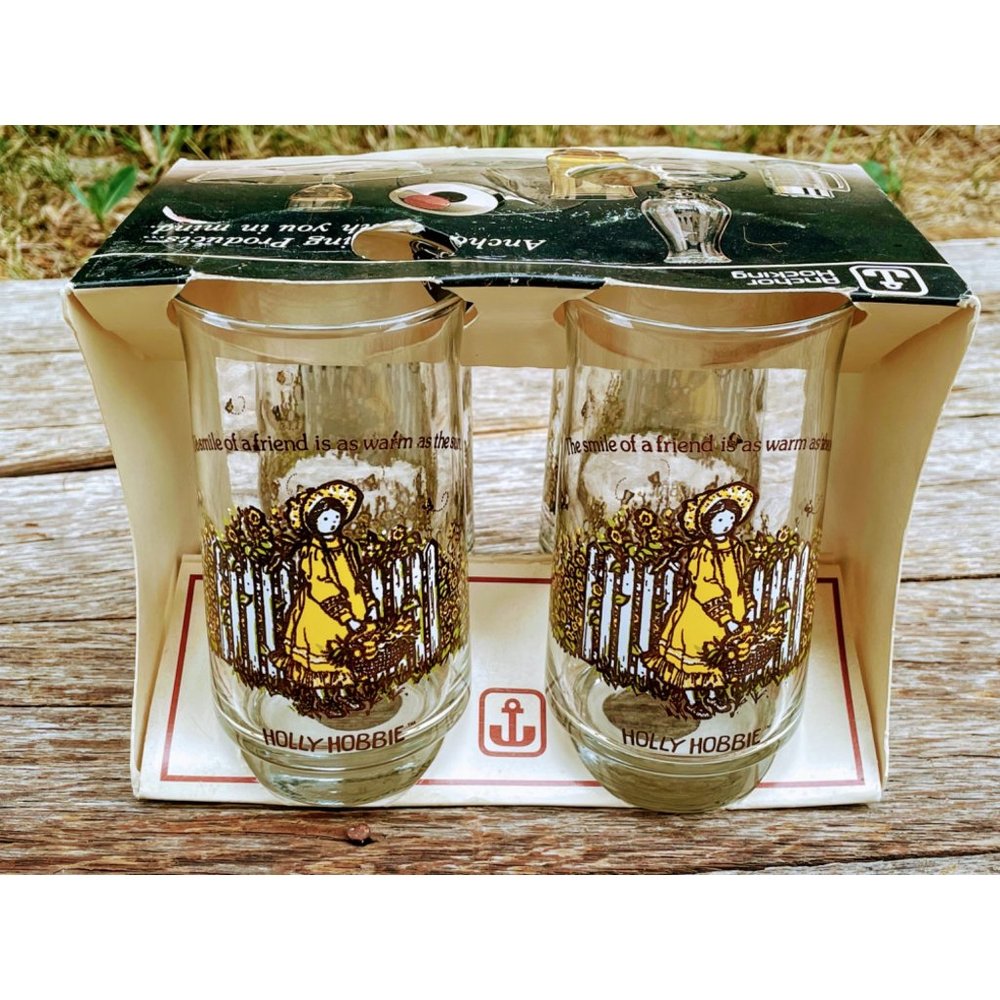 Vintage Anchor Hocking Holly Hobbie set 4 Drinking Glasses NEW In Box